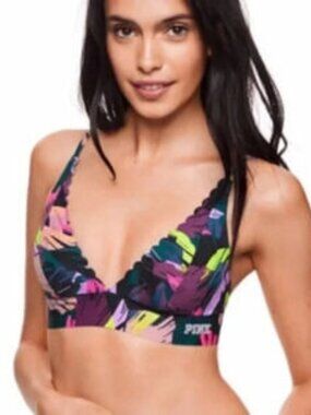 PINK Victoria Secret bralette/bikini top, neon floral palm, scalloped